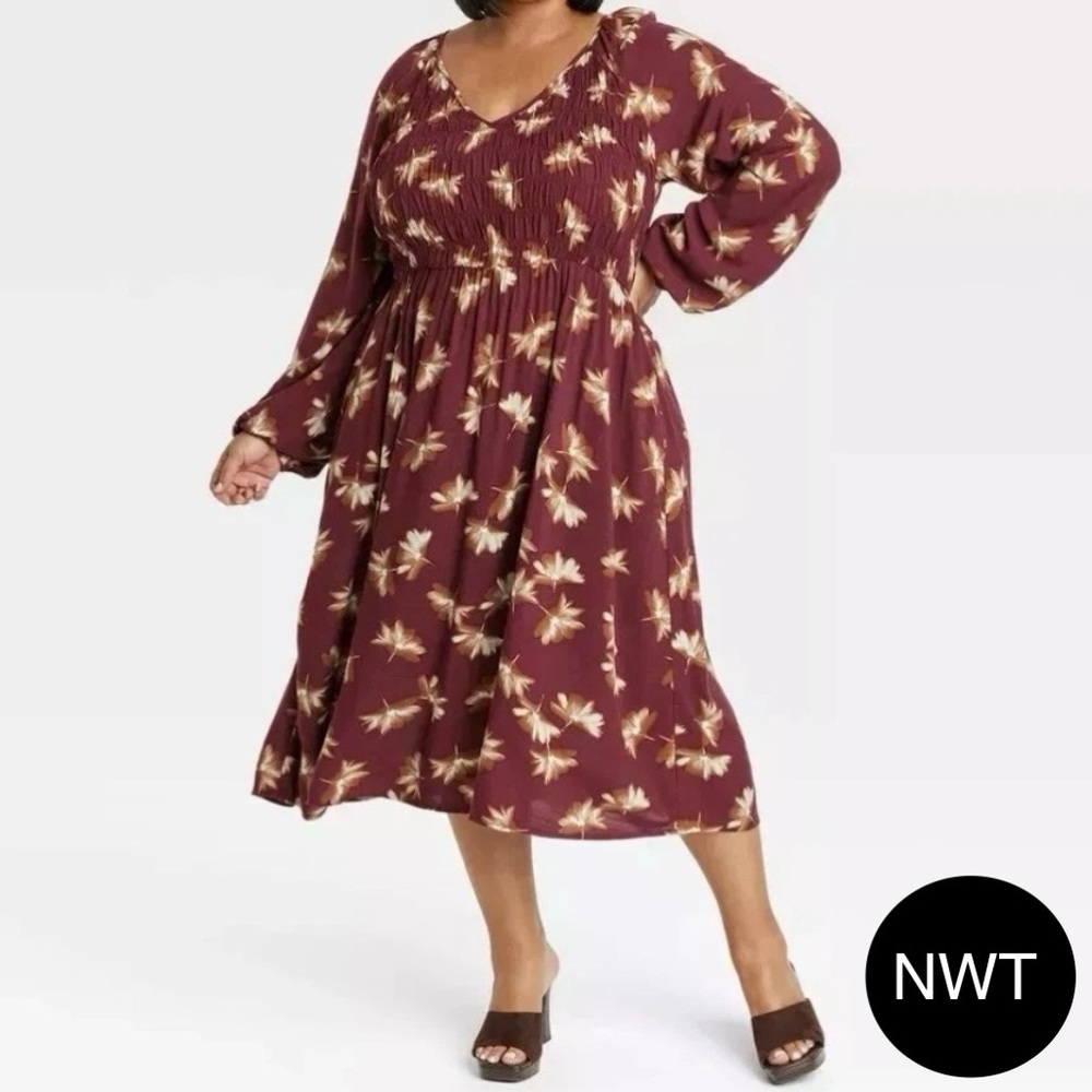 Ava & Viv Burgundy Women's Boho Balloon Sleeve Smocked
Midi Bodice Dress - NWT
